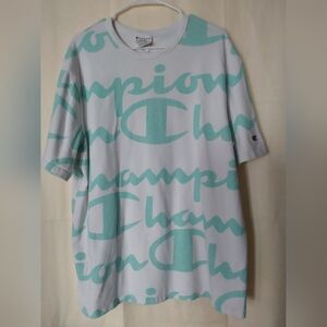 Champion T-shirt, Men's White Champion Heritage T-shirt with Teal Lettering, XL